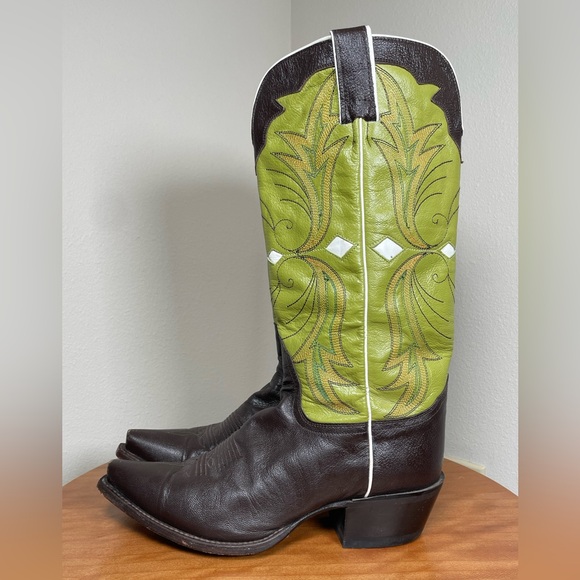Nocona Cowboy Western Boots Brown Green Mocha Chartreuse Leather Flame 8 1/2B - Picture 8 of 16
